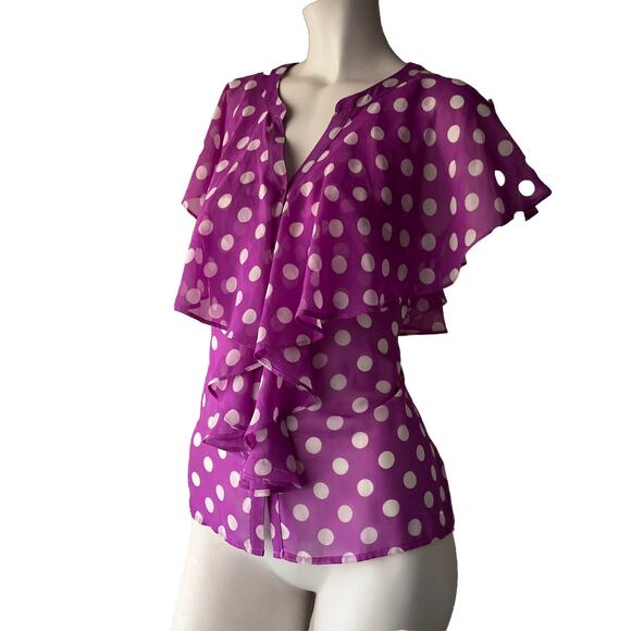 Vintage Y2K Barney Purple Blouse Button Up Ruffle Polka Dots Size M Fall staple - Picture 3 of 11